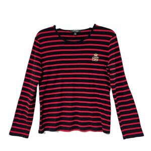Lauren Ralph Lauren Striped Long Sleeve Crest Tee Shirt Women’s XL Black Red